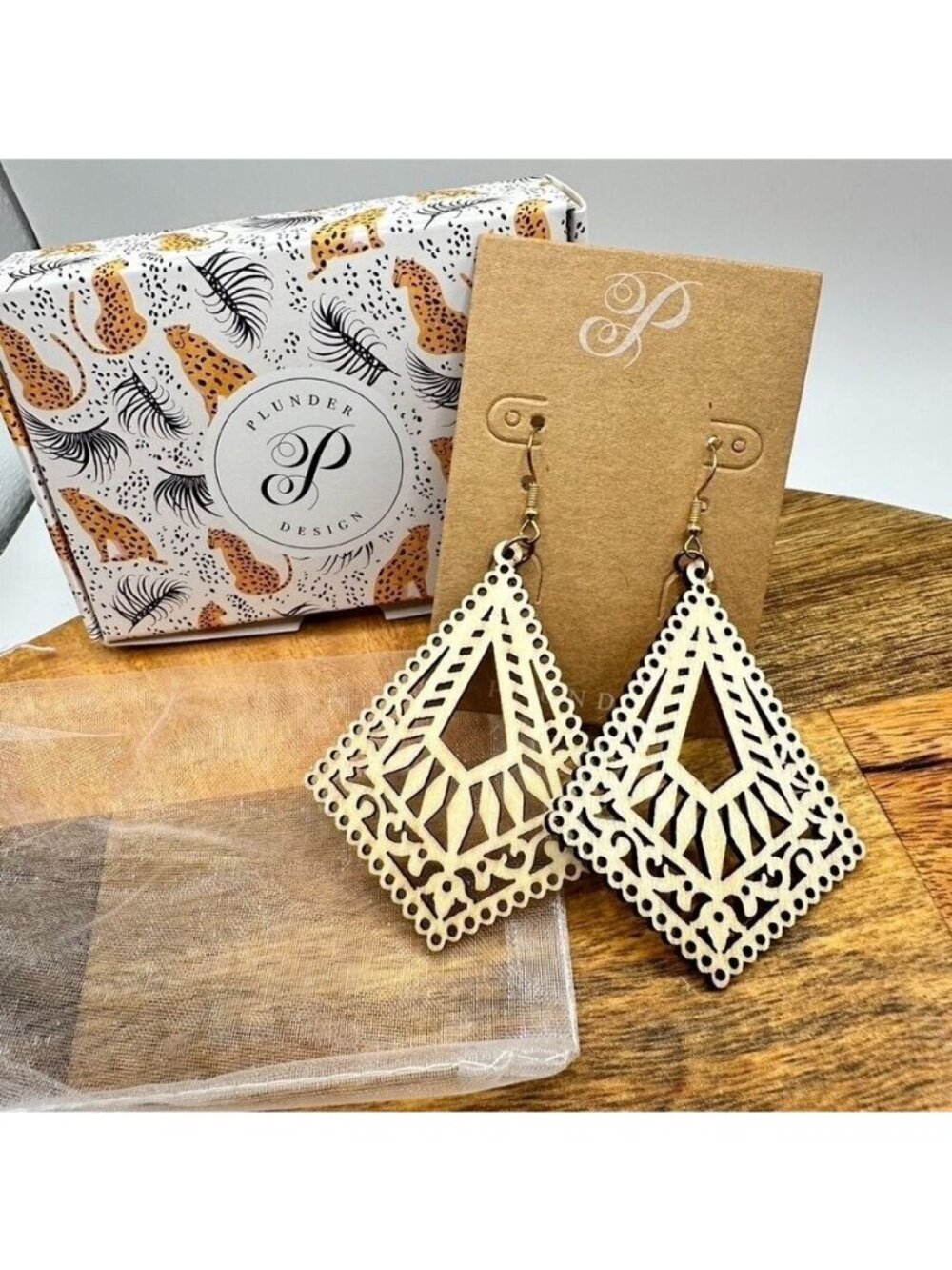 Plunder Designs Daylan Earrings Geometric Wood Cutout Design Moroccan Boho Gypsy